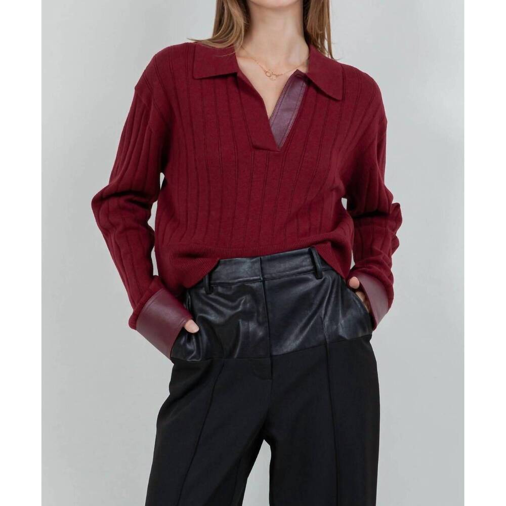 NEW WHITEROOM+CACTUS contrast knitted long sleeve sweater in burgundy